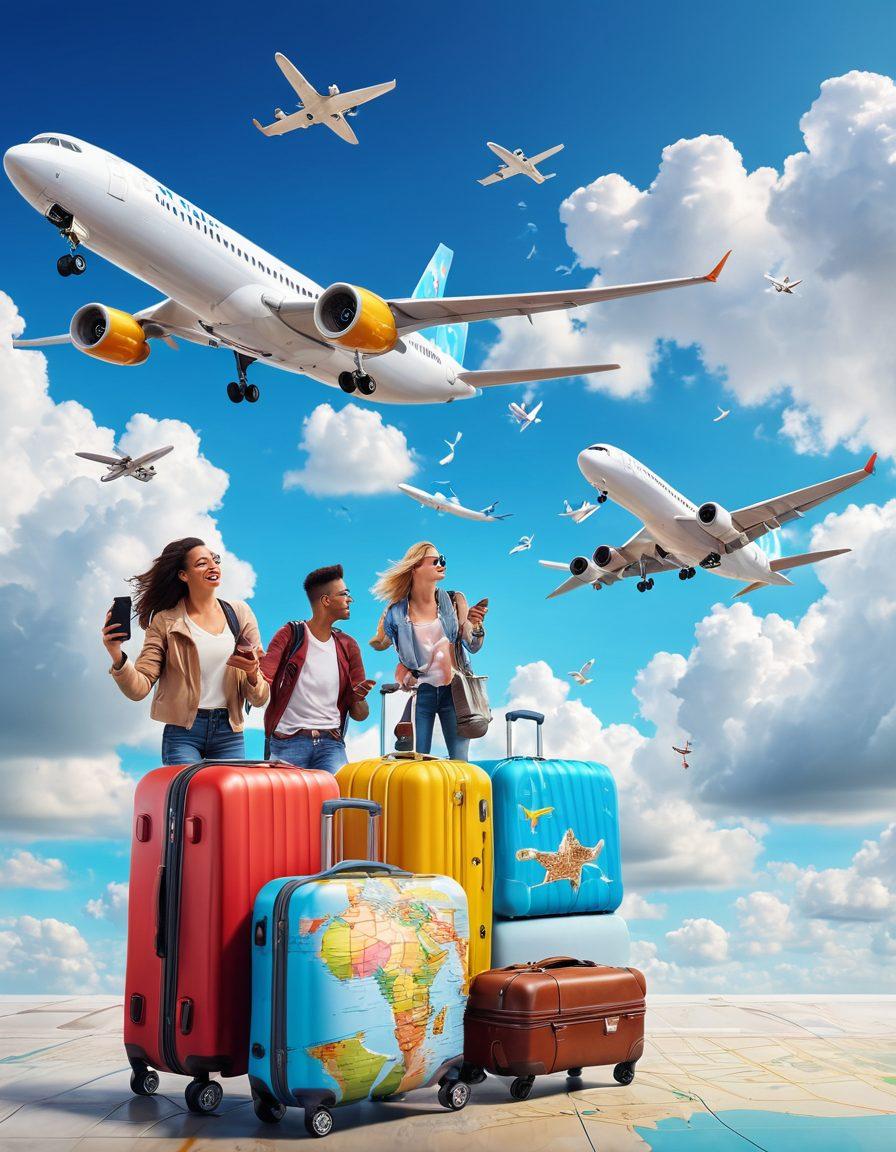 A vibrant travel scene featuring a diverse group of happy travelers with luggage, exploring a digital map on a smartphone with various airplane icons and dollar signs around them, symbolizing affordable flight deals. In the background, depict a blue sky with fluffy clouds and planes taking off. super-realistic. bright colors. dynamic composition.