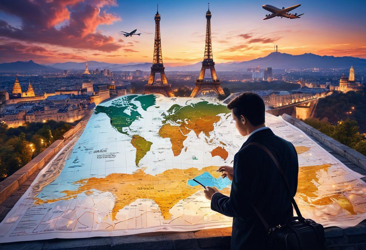 A traveler eagerly examining a world map with a glowing key symbolizing unlocked travel opportunities, surrounded by airplane tickets, currency notes, and a scenic backdrop of famous landmarks like the Eiffel Tower and the Great Wall. The scene should evoke a sense of adventure and exploration. vibrant colors. digital art.