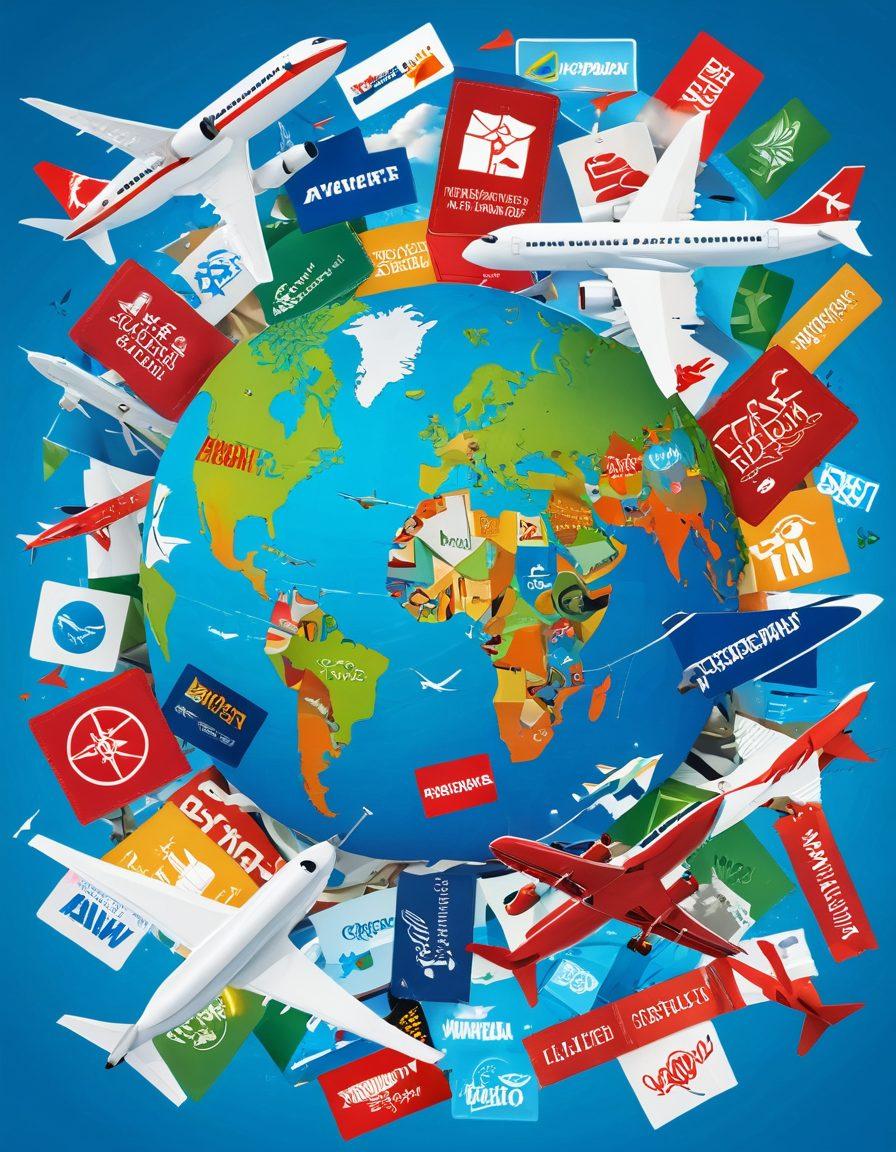A dynamic collage featuring a globe surrounded by various budget-friendly airline logos, including colorful airplane illustrations flying across a bright blue sky, with enticing 'promo flight' tags in red and green. Include a wallet overflowing with cash and discount vouchers, hints of landmarks from around the world in the background, and cheerful travelers enjoying their journey. vibrant colors. vector art.